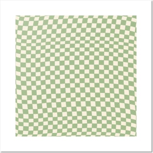 Green and Cream Distorted Warped Checkerboard Pattern III Posters and Art